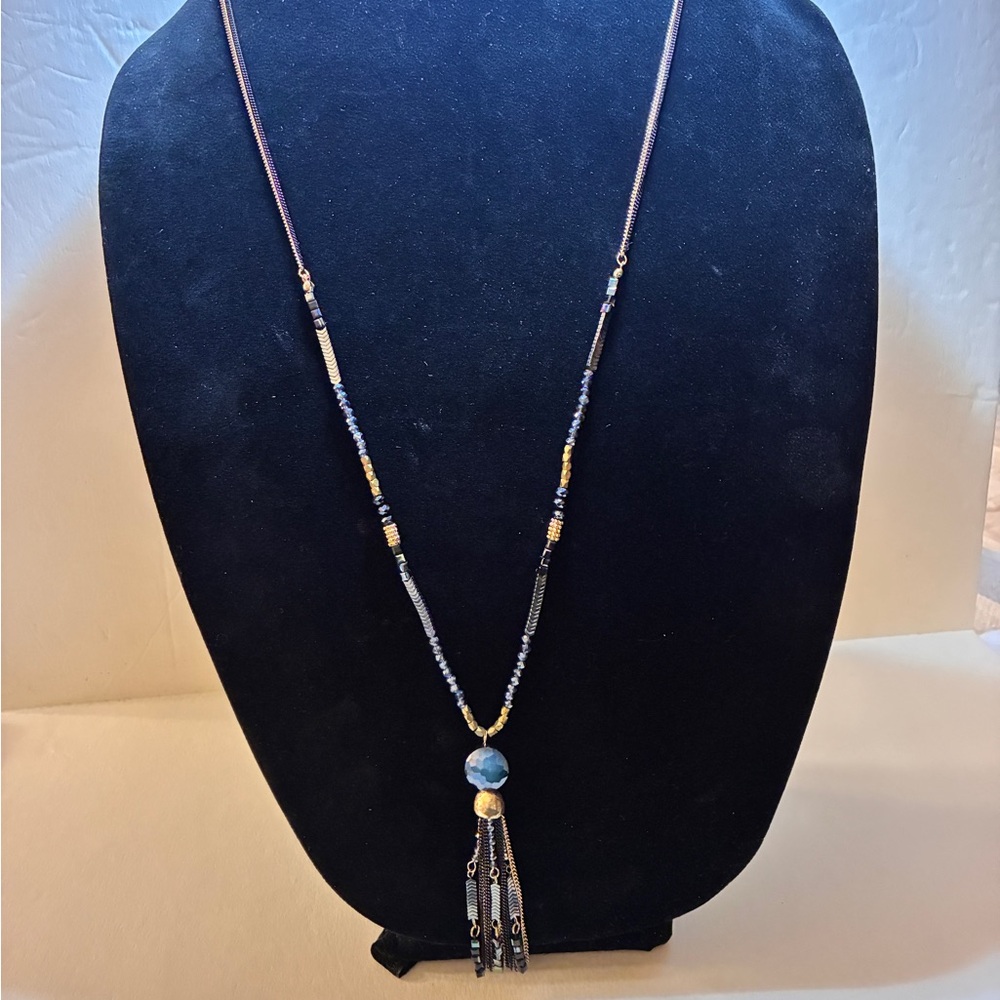 Beaded Blue and Gold Tassel Pendant Necklace - Women Jewelry
